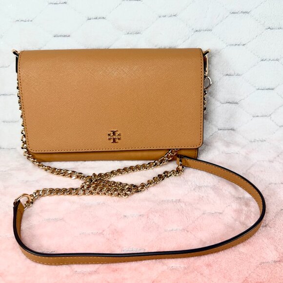 Tory Burch Emerson Chain Wallet Crossbody Tan 5" x 8" Purse Handbag w/ Dust Bag - Picture 2 of 13